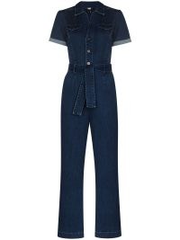 PAIGE Anessa dark blue short-sleeve denim jumpsuit | utility style tie waist jumpsuits