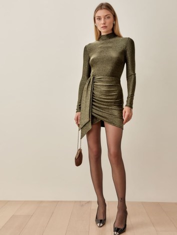 Reformation Paprika Dress in Gold Sparkle | evening glamour | glamorous party look | long sleeve high neck metallic thread mini dresses