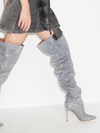 Paris Texas Holly 105mm crystal-embellished boots – sparkling silver tone slouchy over the knee boots – glamour – glamorous footwear