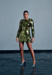 peace + love green sequin disc mini dress – glamorous sequinned party dresses – shimmering going out evening glamour