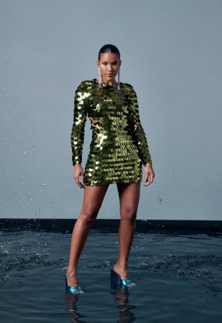 peace + love green sequin disc mini dress – glamorous sequinned party dresses – shimmering going out evening glamour - flipped