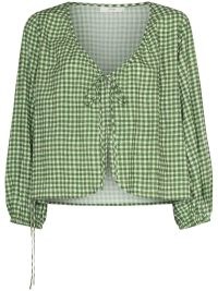 Peony Holiday gingham-check blouse – green and white checked front tie fastening blouses