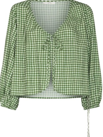 Peony Holiday gingham-check blouse – green and white checked front tie fastening blouses - flipped