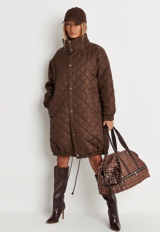 MISSGUIDED petite chocolate longline quilted coached jacket ~ brown longline winter jackets ~ womens fashionable quilt detail high funnel neck coats - flipped