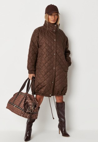 MISSGUIDED petite chocolate longline quilted coached jacket ~ brown longline winter jackets ~ womens fashionable quilt detail high funnel neck coats