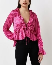 RIVER ISLAND PINK ANIMAL PRINT TIE FRONT BLOUSE ~ romanric ruffle trimmed blouses