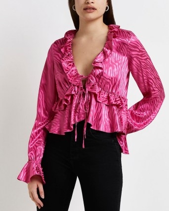 RIVER ISLAND PINK ANIMAL PRINT TIE FRONT BLOUSE ~ romanric ruffle trimmed blouses - flipped