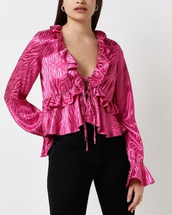 RIVER ISLAND PINK ANIMAL PRINT TIE FRONT BLOUSE ~ romanric ruffle trimmed blouses