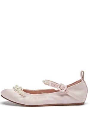 SIMONE ROCHA Beaded pink satin Mary Jane flats – front strap ballerina shoes – flat Mary Janes – embellished ballerinas