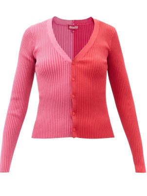 STAUD Cargo bi-colour metallic-knit cardigan – pink and red colour block cardigans - flipped