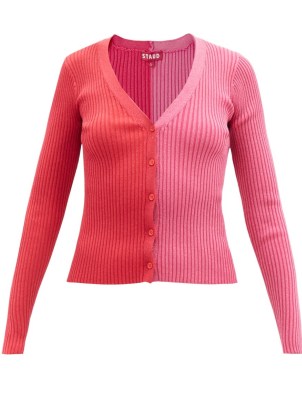 STAUD Cargo bi-colour metallic-knit cardigan – pink and red colour block cardigans
