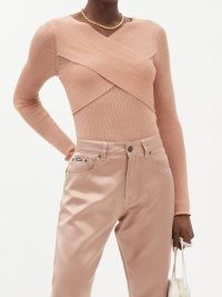 TOM FORD Crossover-neck ribbed cashmere-blend sweater in pink | womens close fit designer sweaters | women’s luxe crisscross front jumpers