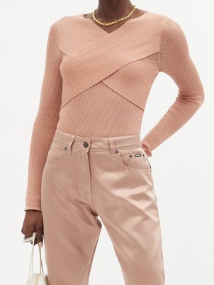TOM FORD Crossover-neck ribbed cashmere-blend sweater in pink | womens close fit designer sweaters | women’s luxe crisscross front jumpers - flipped