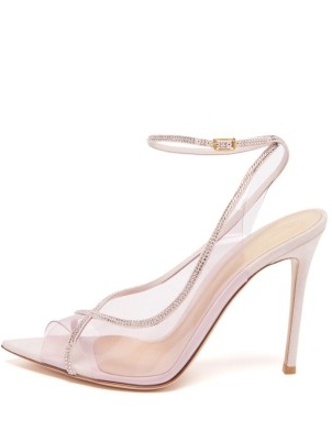 GIANVITO ROSSI Crystelle 105 crystal-strap pink suede stiletto sandals – luxe clear PVC embellished stiletto heels