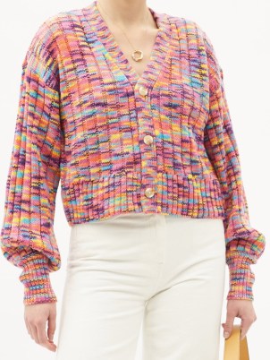 STAUD Eloise space-dyed stripe ribbed cardigan – bright multicoloured cardigans – womens pink tone knitwear - flipped