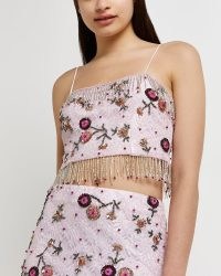 RIVER ISLAND PINK EMBROIDERED FLORAL SEQUIN CAMI TOP ~ beaded camisole ~ fringed crop hem party tops ~ bead embellished evening fashion ~ skinny strap camisoles