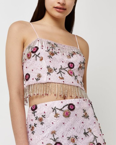 RIVER ISLAND PINK EMBROIDERED FLORAL SEQUIN CAMI TOP ~ beaded camisole ~ fringed crop hem party tops ~ bead embellished evening fashion ~ skinny strap camisoles - flipped
