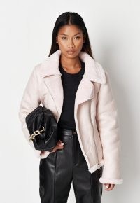 MISSGUIDED pink faux leather aviator coat ~ womens on-trend borg trimmed coats