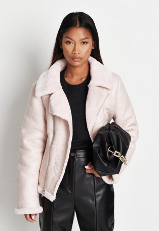 MISSGUIDED pink faux leather aviator coat ~ womens on-trend borg trimmed coats - flipped