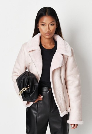 MISSGUIDED pink faux leather aviator coat ~ womens on-trend borg trimmed coats