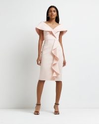 RIVER ISLAND PINK OFF THE SHOULDER BODYCON DRESS ~ frill detail party dresses ~ bardot evening fashion