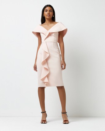 RIVER ISLAND PINK OFF THE SHOULDER BODYCON DRESS ~ frill detail party dresses ~ bardot evening fashion - flipped