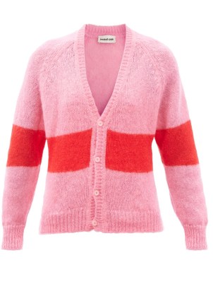 MOLLY GODDARD Peggy stripe-intarsia mohair-blend cardigan in pink ~ womens lightweight V-neck cardigans - flipped