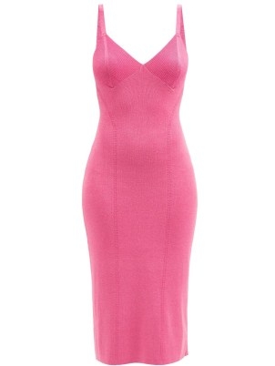 STAUD Quartz lurex bodycon midi dress in pink – bright sleeveless evening dresses - flipped