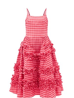 MOLLY GODDARD Ruby frilled gingham midi dress in pink ~ sleeveless tiered fit and flare dresses ~ romantic checked fashion ~ frill trimmed clothing - flipped