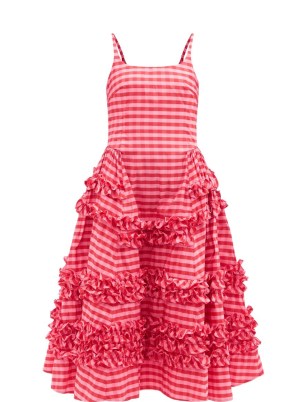 MOLLY GODDARD Ruby frilled gingham midi dress in pink ~ sleeveless tiered fit and flare dresses ~ romantic checked fashion ~ frill trimmed clothing