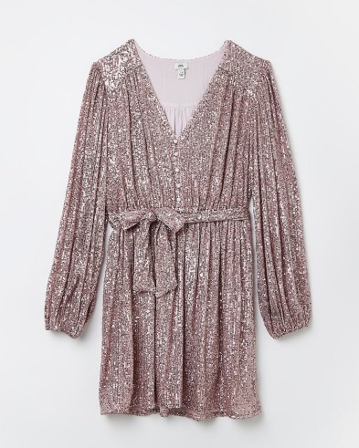 RIVER ISLAND PINK SEQUIN BELTED MINI DRESS ~ sequinned party dresses - flipped
