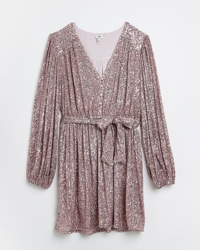 RIVER ISLAND PINK SEQUIN BELTED MINI DRESS ~ sequinned party dresses