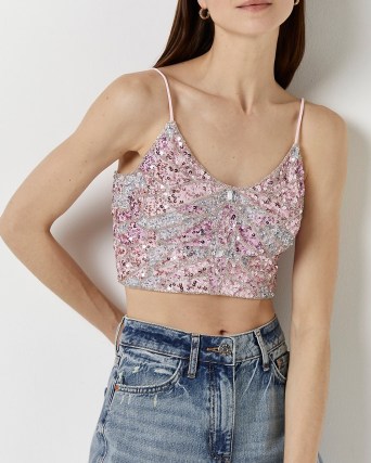 RIVER ISLAND PINK SEQUIN CROPPED CAMI TOP / cropped spaghetti strap sequinned tops - flipped