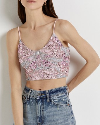 RIVER ISLAND PINK SEQUIN CROPPED CAMI TOP / cropped spaghetti strap sequinned tops