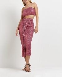 RIVER ISLAND PINK SEQUIN CROPPED CAMI TOP / sparkling skinny strap crop hem tops / womens glittering party fashion
