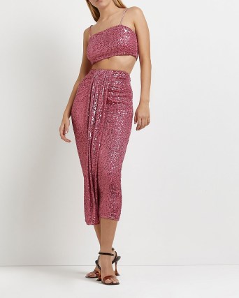 RIVER ISLAND PINK SEQUIN CROPPED CAMI TOP / sparkling skinny strap crop hem tops / womens glittering party fashion