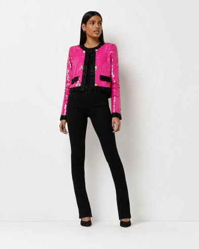 RIVER ISLAND PINK SEQUIN CROPPED JACKET ~ women’s sequinned crop hem evening jackets ~ womens glamorous party fashion - flipped