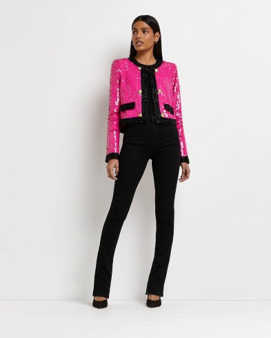 RIVER ISLAND PINK SEQUIN CROPPED JACKET ~ women’s sequinned crop hem evening jackets ~ womens glamorous party fashion