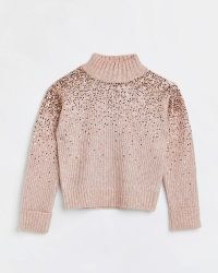 RIVER ISLAND PINK SEQUIN EMBELLISHED JUMPER / womens sequinned high neck jumpers / women’s chunky knit roll neck sweaters / on-trend knitwear