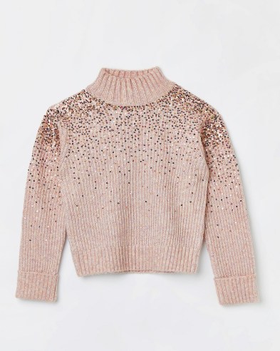 RIVER ISLAND PINK SEQUIN EMBELLISHED JUMPER / womens sequinned high neck jumpers / women’s chunky knit roll neck sweaters / on-trend knitwear - flipped