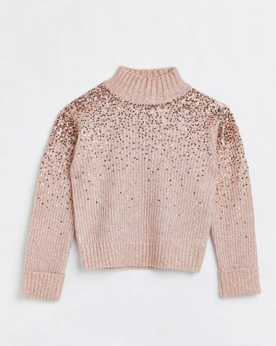RIVER ISLAND PINK SEQUIN EMBELLISHED JUMPER / womens sequinned high neck jumpers / women’s chunky knit roll neck sweaters / on-trend knitwear