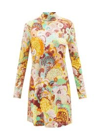 LA DOUBLEJ Suitcase high-neck floral-print jersey mini dress – long sleeve retro print dresses – womens 60s vintage style fashion