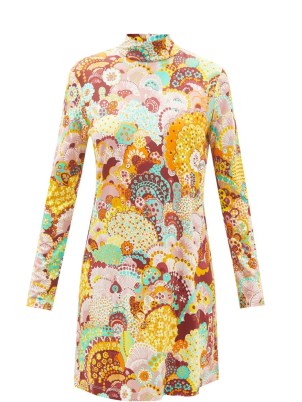 LA DOUBLEJ Suitcase high-neck floral-print jersey mini dress | long sleeve retro print dresses | womens 60s vintage style fashion - flipped