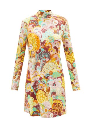 LA DOUBLEJ Suitcase high-neck floral-print jersey mini dress | long sleeve retro print dresses | womens 60s vintage style fashion