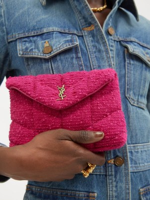 SAINT LAURENT YSL-plaque chevron-quilted pink bouclé pouch ~ designer textured clutch bags - flipped
