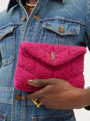 SAINT LAURENT YSL-plaque chevron-quilted pink bouclé pouch ~ designer textured clutch bags