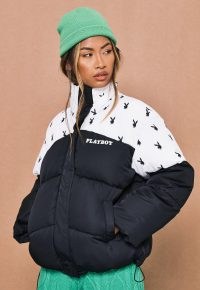 playboy x missguided black bunny print colourblock puffer jacket ~ womens on-trend padded logo jackets