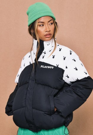 playboy x missguided black bunny print colourblock puffer jacket ~ womens on-trend padded logo jackets