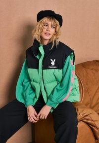 playboy x missguided green contrast puffer gilet – bunny logo sleeveless jackets – womens on trend padded gilets