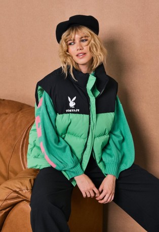 playboy x missguided green contrast puffer gilet – bunny logo sleeveless jackets – womens on trend padded gilets - flipped